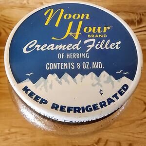 Vintage Noon Hour Creamed Fillet Of Herring 8 Oz Barrel Textured Glass Jar